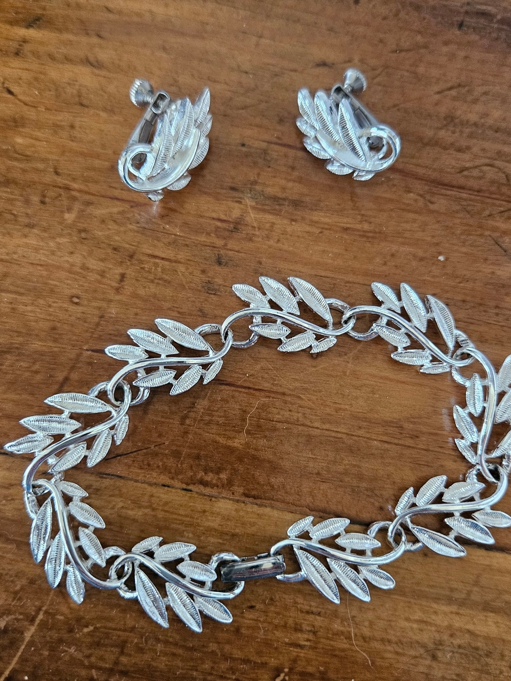 Napier Silver Leaf Link Bracelet with Matching Clip-On Earrings